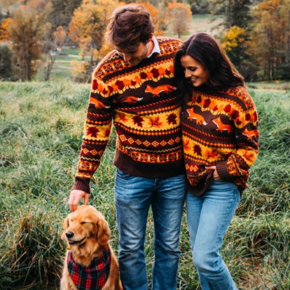 Kiel James Patrick Fox & Foliage Cozy Cabin Unisex Sweater Orange Brown XL - Picture 2 of 7